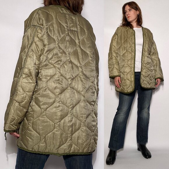 Vintage Asymmetrical Army Green MILITARY Quilted Liner Jacket! Large - Picture 1 of 10